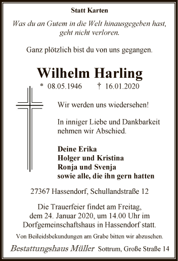 Traueranzeige von Wilhelm Harling von SYK