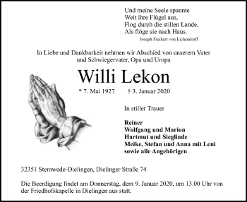 Traueranzeige von Willi Lekon von SYK