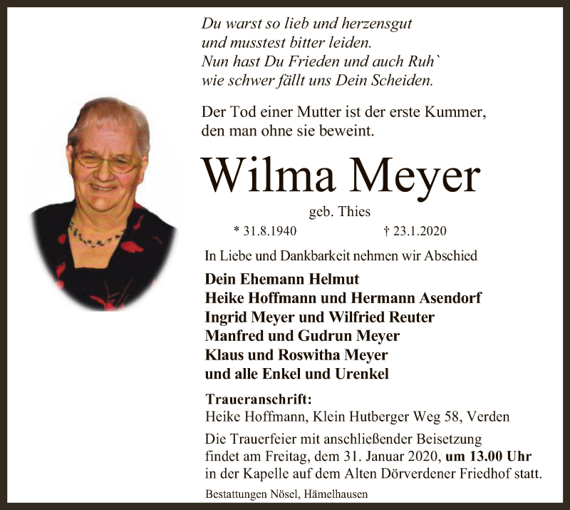  Traueranzeige für Wilma Meyer vom 25.01.2020 aus SYK