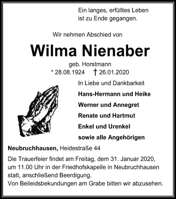 Traueranzeige von Wilma Nienaber von SYK