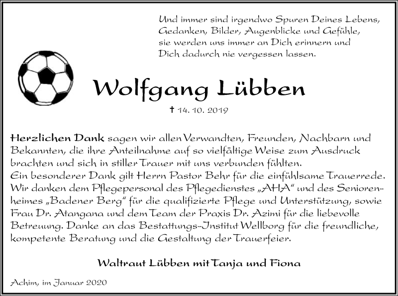  Traueranzeige für Wolfgang Lübben vom 11.01.2020 aus SYK