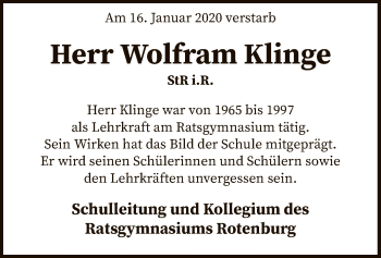 Traueranzeige von Wolfram Klinge von SYK