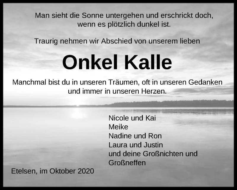  Traueranzeige für Karl  Lindau vom 24.10.2020 aus SYK