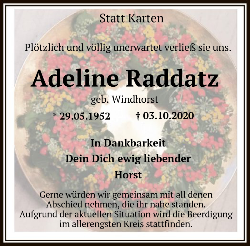  Traueranzeige für Adeline Raddatz vom 08.10.2020 aus SYK