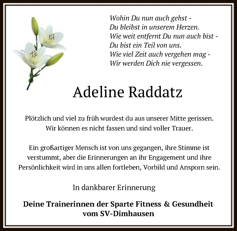  Traueranzeige für Adeline Raddatz vom 08.10.2020 aus SYK