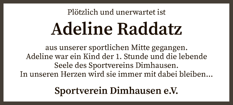  Traueranzeige für Adeline Raddatz vom 09.10.2020 aus SYK