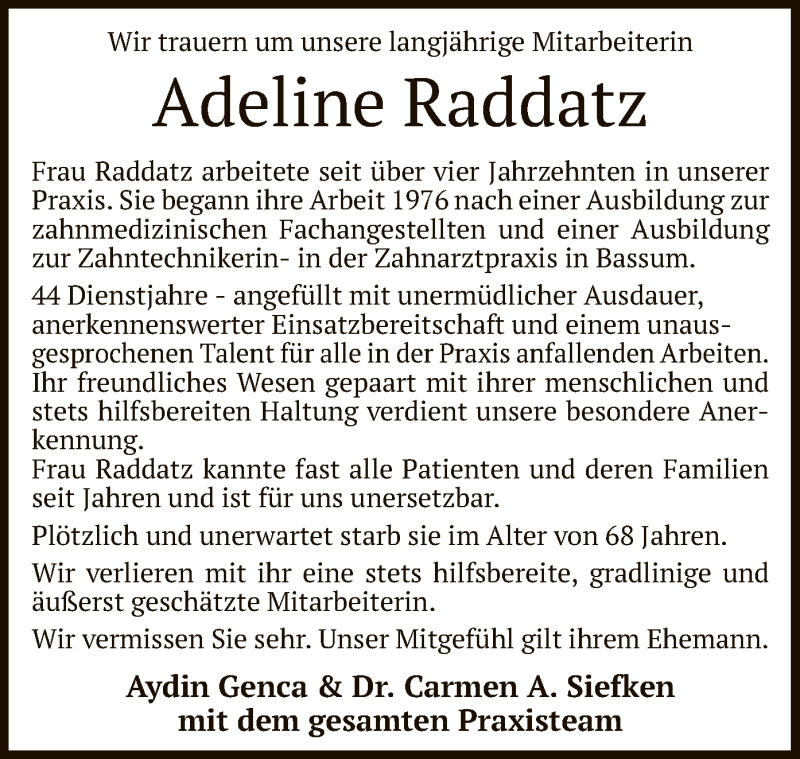  Traueranzeige für Adeline Raddatz vom 08.10.2020 aus SYK