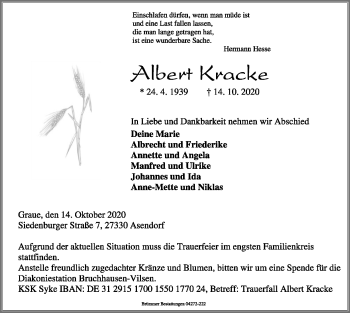 Traueranzeige von Albert Kracke von SYK