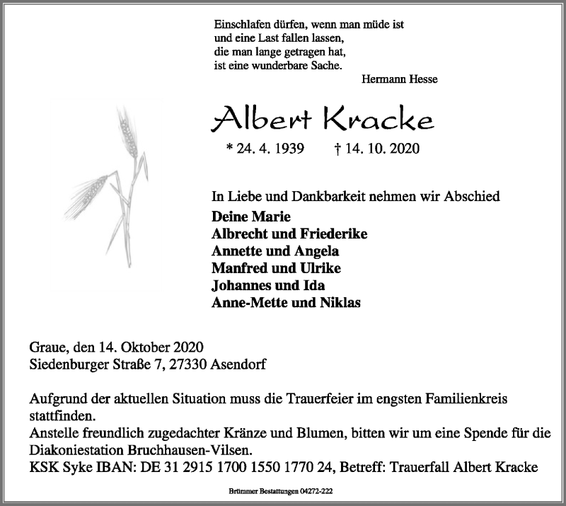  Traueranzeige für Albert Kracke vom 17.10.2020 aus SYK