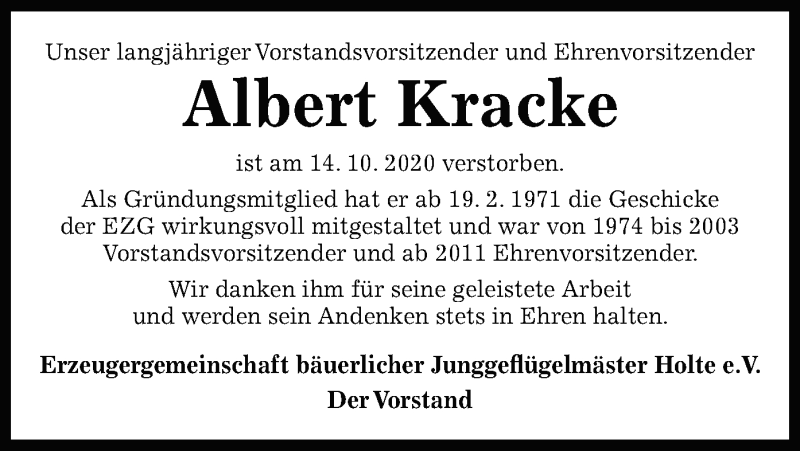  Traueranzeige für Albert Kracke vom 20.10.2020 aus SYK