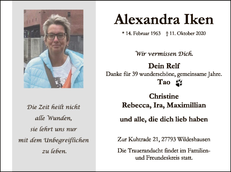  Traueranzeige für Alexandra Iken vom 15.10.2020 aus SYK