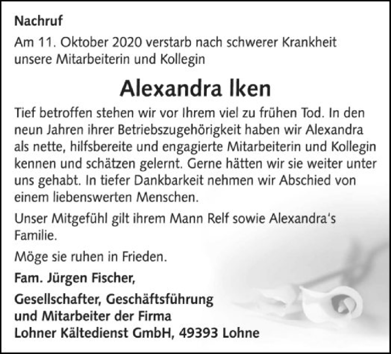  Traueranzeige für Alexandra Iken vom 16.10.2020 aus SYK