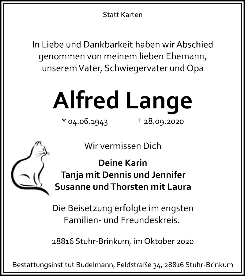  Traueranzeige für Alfred Lange vom 06.10.2020 aus SYK