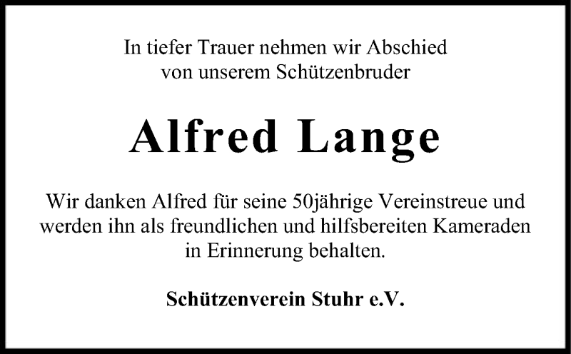  Traueranzeige für Alfred Lange vom 10.10.2020 aus SYK