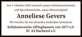 Traueranzeige von Anneliese Gevers von SYK