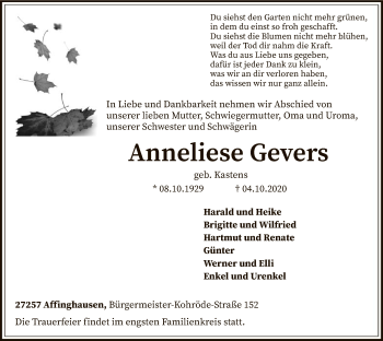 Traueranzeige von Anneliese Gevers von SYK