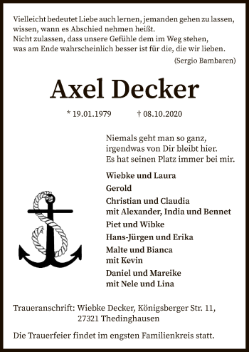 Traueranzeige von Axel Decker von SYK