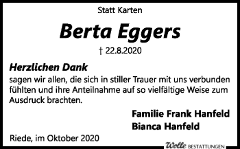 Traueranzeige von Berta Eggers von SYK