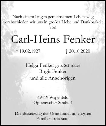 Traueranzeige von Carl-Heins Fenker von SYK