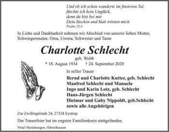 Traueranzeige von Charlotte Schlecht von SYK