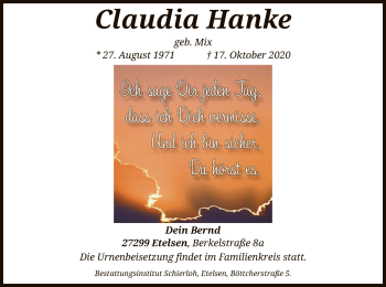 Traueranzeige von Claudia Hanke von SYK