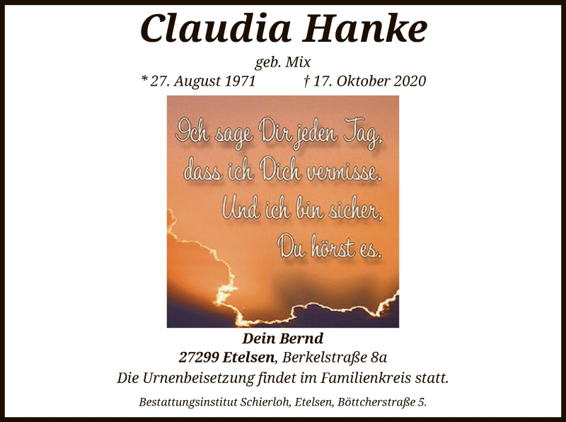  Traueranzeige für Claudia Hanke vom 24.10.2020 aus SYK