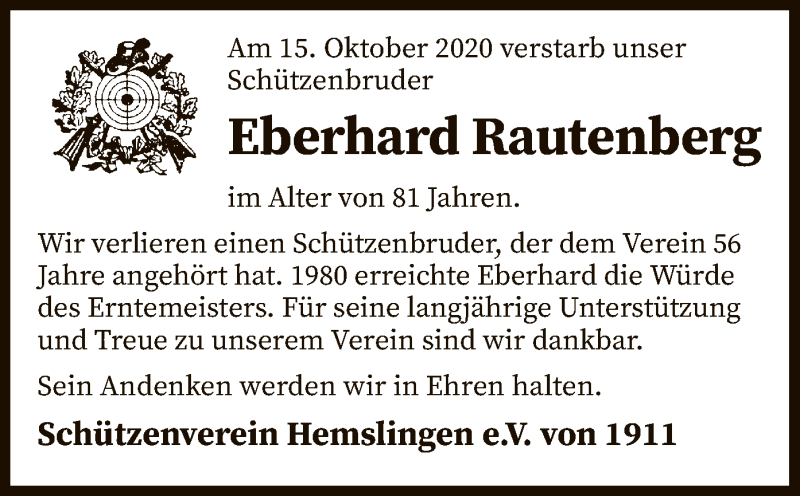  Traueranzeige für Eberhard Rautenberg vom 17.10.2020 aus SYK