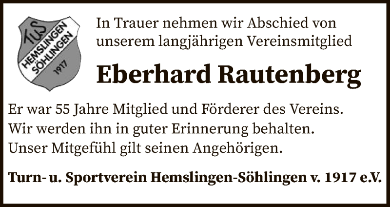  Traueranzeige für Eberhard Rautenberg vom 17.10.2020 aus SYK