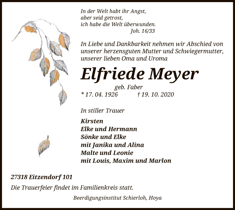  Traueranzeige für Elfriede Meyer vom 24.10.2020 aus SYK