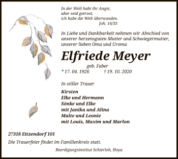 Traueranzeige von Elfriede Meyer von SYK