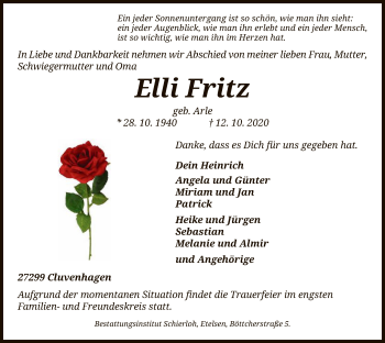 Traueranzeige von Elli Fritz von SYK