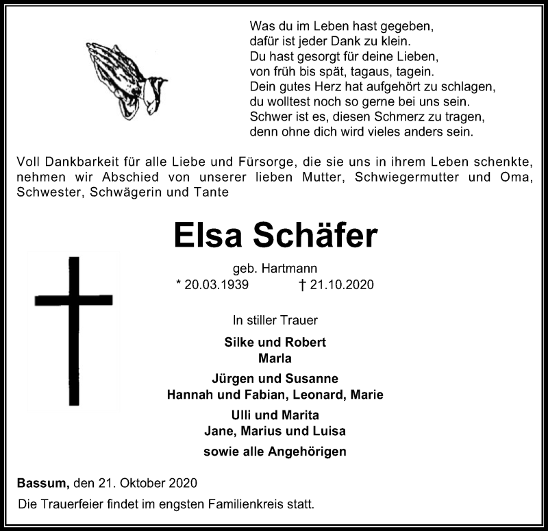 Traueranzeige für Elsa Schäfer vom 24.10.2020 aus SYK