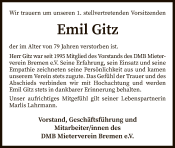 Traueranzeige von Emil Gitz von SYK