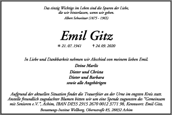 Traueranzeige von Emil Gitz von SYK