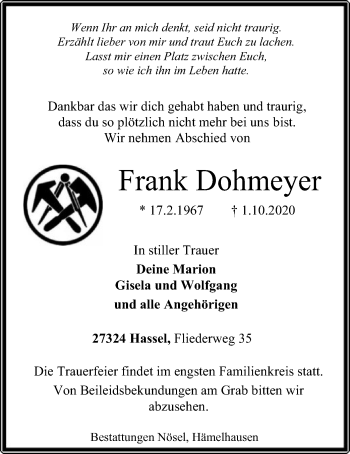 Traueranzeige von Frank Dohmeyer von SYK