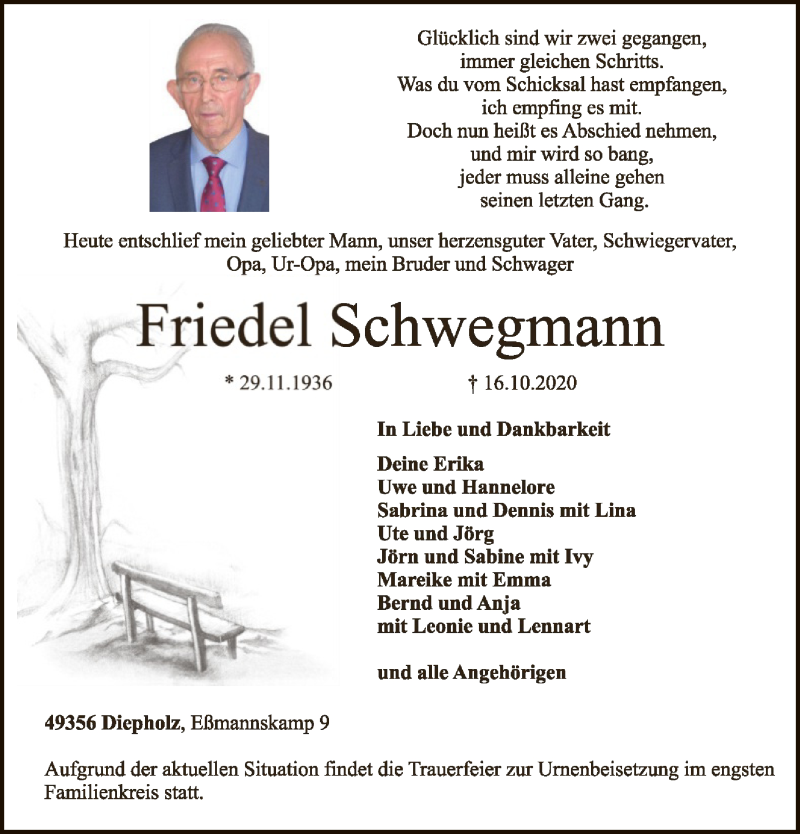  Traueranzeige für Friedel Schwegmann vom 17.10.2020 aus SYK
