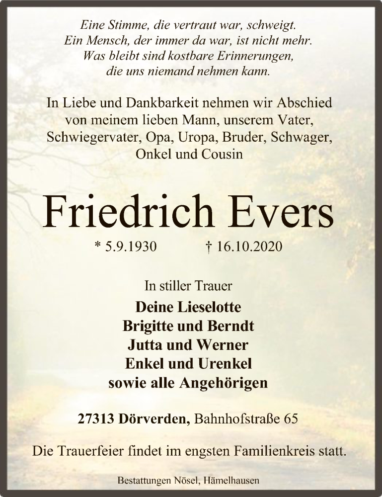  Traueranzeige für Friedrich Evers vom 23.10.2020 aus SYK