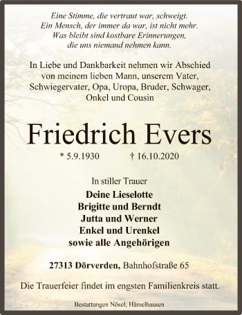 Traueranzeige von Friedrich Evers von SYK