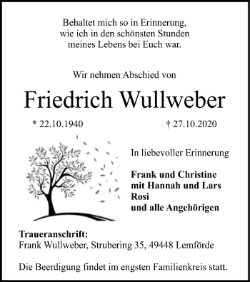 Traueranzeige von Friedrich Wullweber von SYK