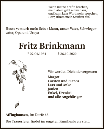 Traueranzeige von Fritz Brinkmann von SYK