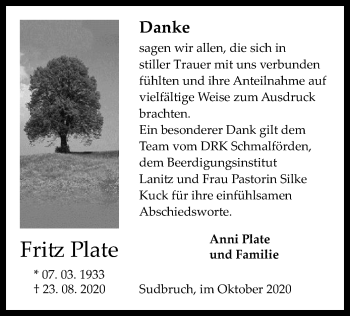 Traueranzeige von Fritz Plate von SYK