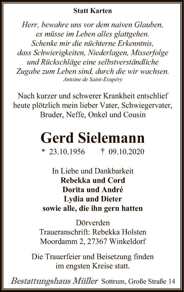  Traueranzeige für Gerd Sielemann vom 17.10.2020 aus SYK