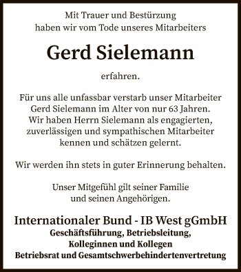 Traueranzeige von Gerd Sielemann von SYK