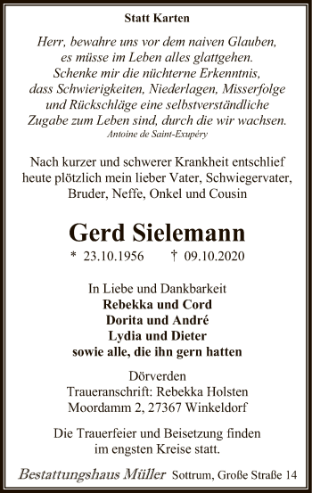 Traueranzeige von Gerd Sielemann von SYK