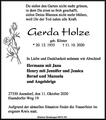 Traueranzeige von Gerda Holze von SYK