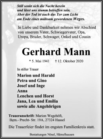 Traueranzeige von Gerhard Mann von SYK