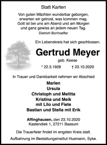 Traueranzeige von Gertrud Meyer von SYK