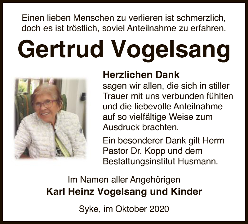  Traueranzeige für Gertrud Vogelsang vom 24.10.2020 aus SYK