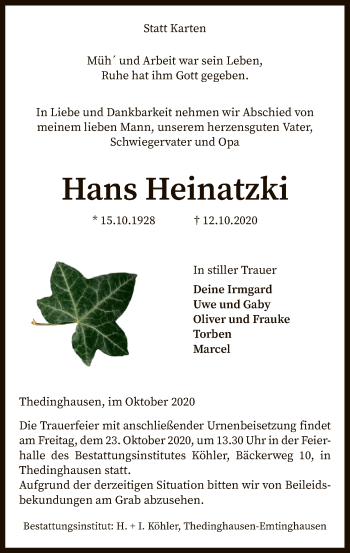 Traueranzeige von Hans Heinatzki von SYK