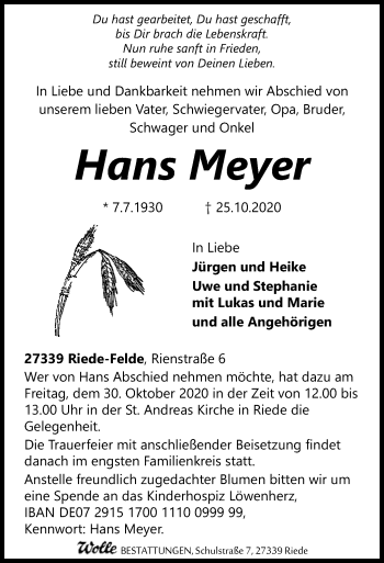 Traueranzeige von Hans Meyer von SYK